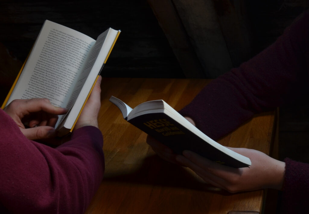 gemeinsames Lesen in der Hausbibliothek