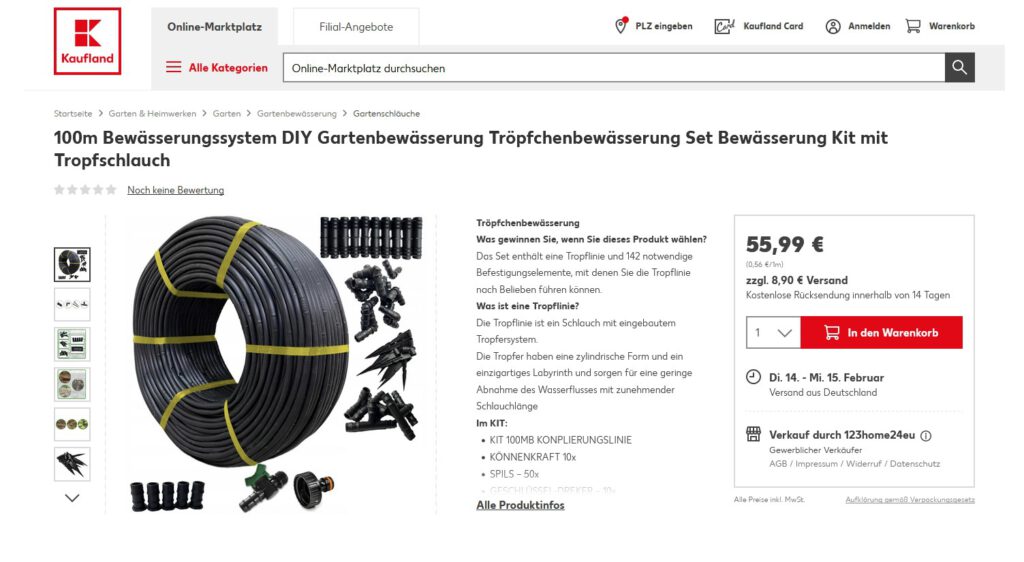 Tröpchenbewässerung, Beispielangebot "Kaufland" vom 6.2.2023