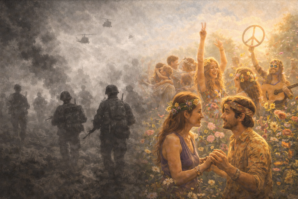 Vietnamkrieg → Flower Power → gesellschaftlicher Wandel (KI, DALLE-3)