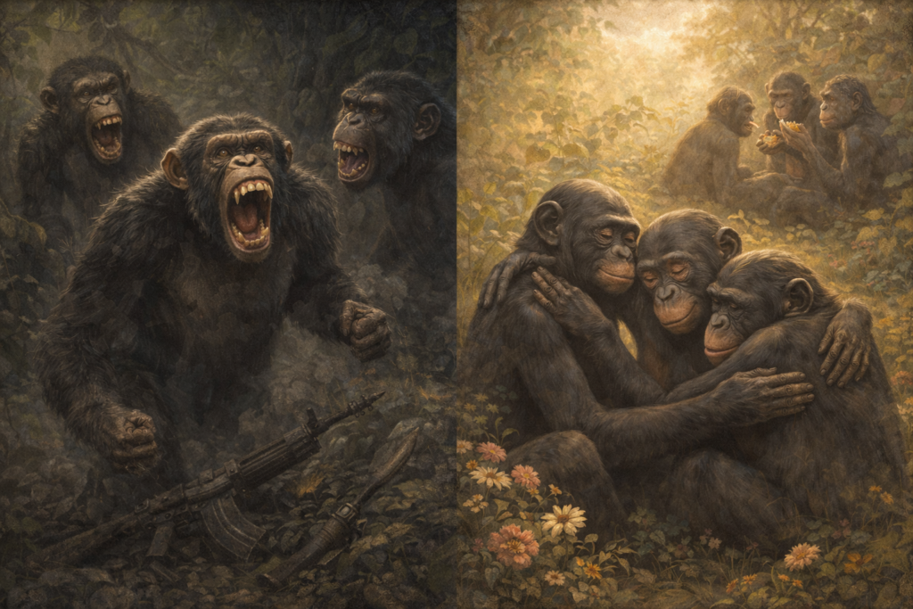 Fight vs. Love als evolutionäre Metapher - Schimpansen und Bonobos (KI, DALLE-3)