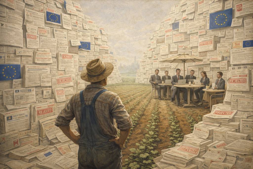 Bauer im Akten-, Vorschriften- und Gesetze-Labyrinth (KI, DALLE-3) 