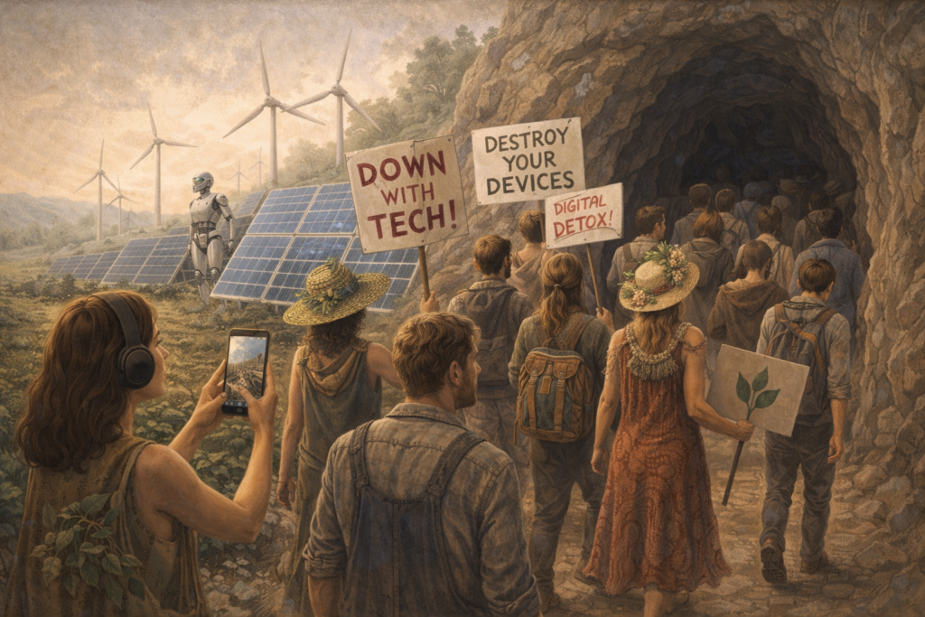 Die Rückkehr in die Höhle – freiwillig: "De-Growth" (KI, DALLE-3) 