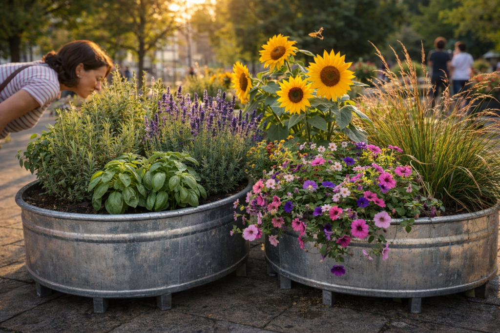 Zinkblech-Garten Ausschnitt mit Sonnenblumen (Symbolbild, KI generiert) 